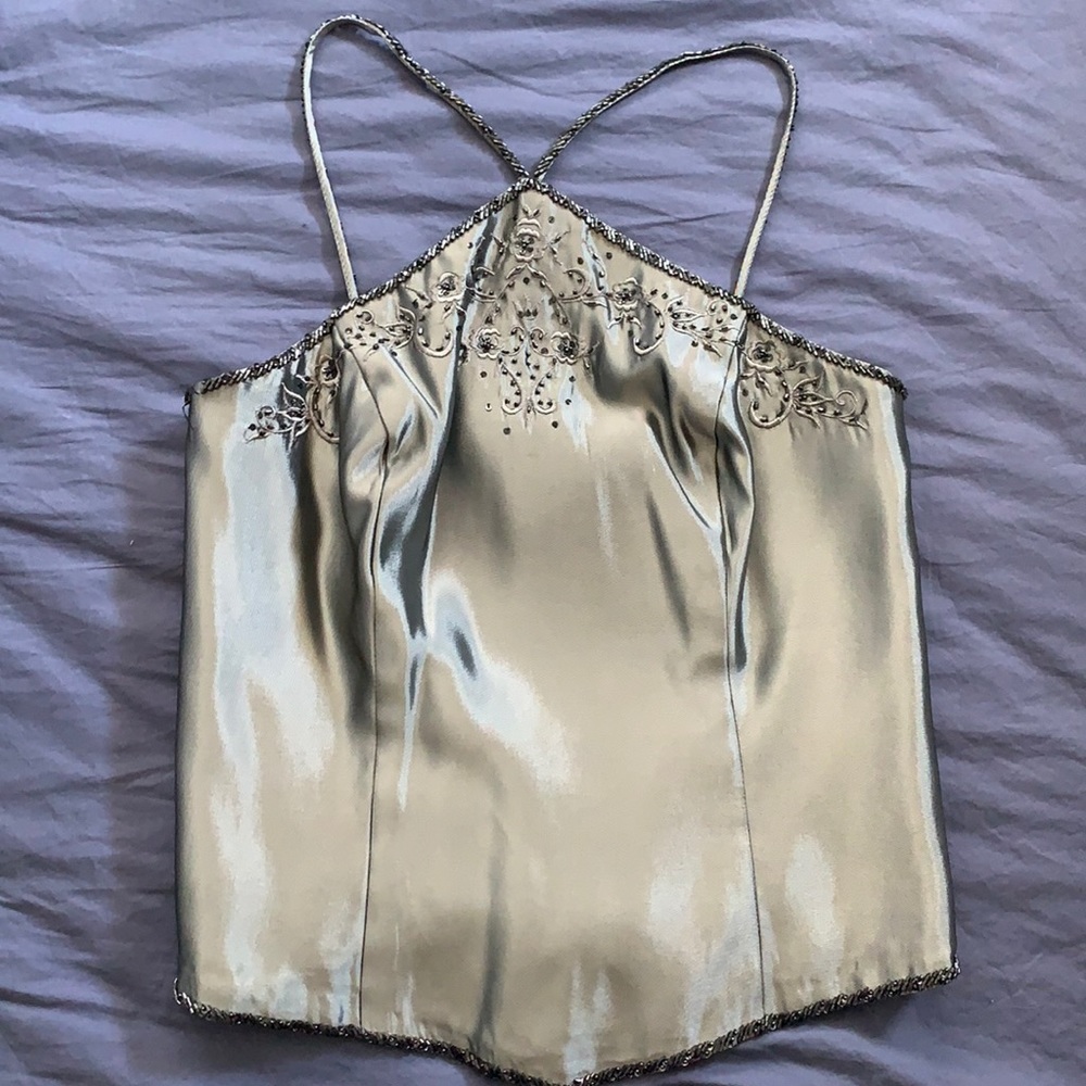 90s style silver halter corset top with graphite beading.